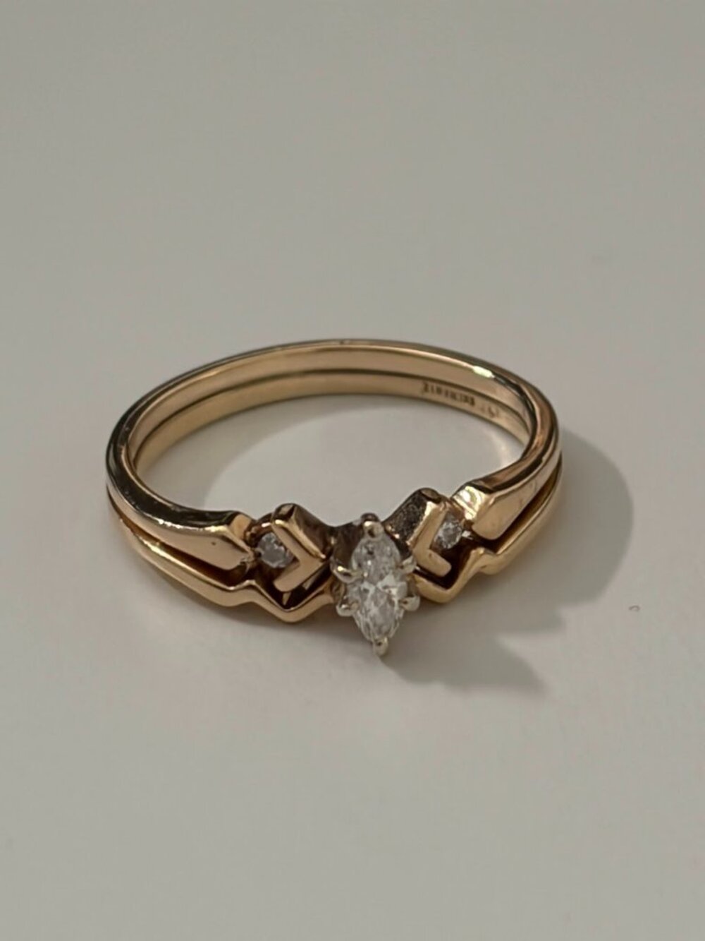 14K Yellow Gold Marquise Diamond Engagement Ring & Contour Wedding Band Set (3.2